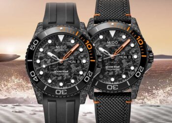 Die Mido Ocean Star 200C Carbon limited Edition kommt nicht nur mit einer Drehlünette aus Keramik, sondern auch mit einem Gehäuse und einem Zifferblatt aus Karbonfaserverbundstoff.