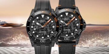 Die Mido Ocean Star 200C Carbon limited Edition kommt nicht nur mit einer Drehlünette aus Keramik, sondern auch mit einem Gehäuse und einem Zifferblatt aus Karbonfaserverbundstoff.